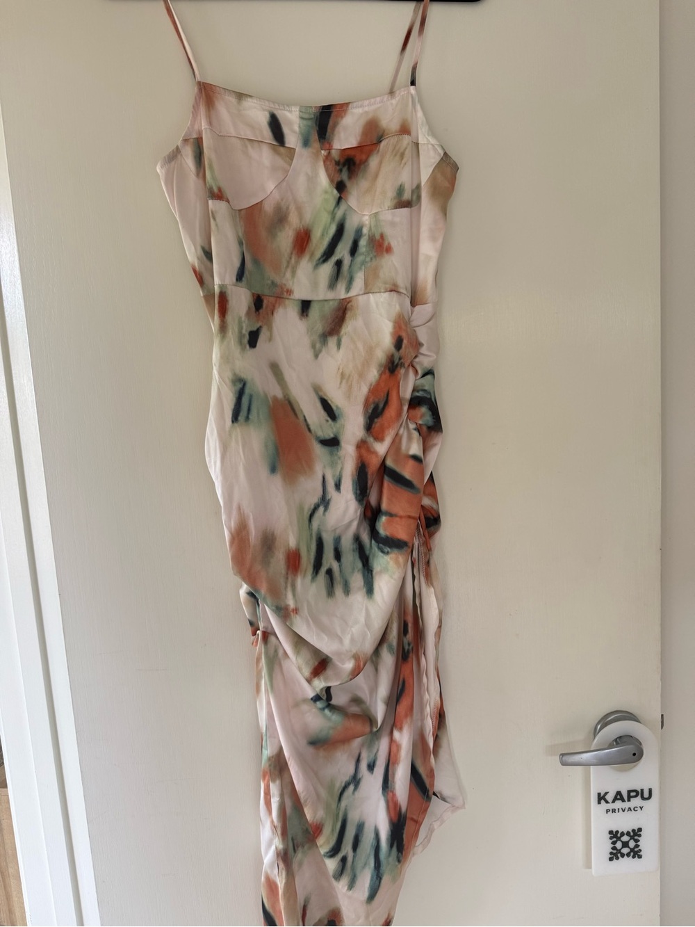 SHEIN Multicolor Abstract Asymmetrical Slip Dress in Blush, Coral & Teal
